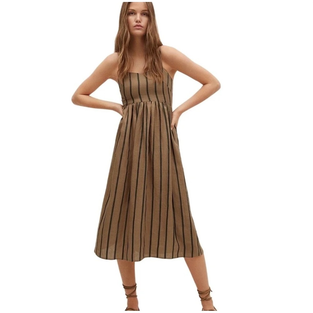 Mango Striped Linen Blend Midi Dress Brown Black size 2 87007140